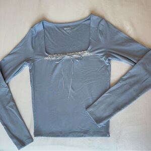 Hollister Blue Ribbed Lace Trim Long Sleeve Shirt